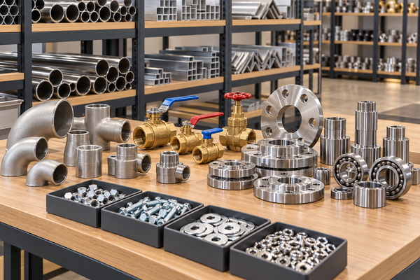 Industrial metal parts and components in a warehouse
